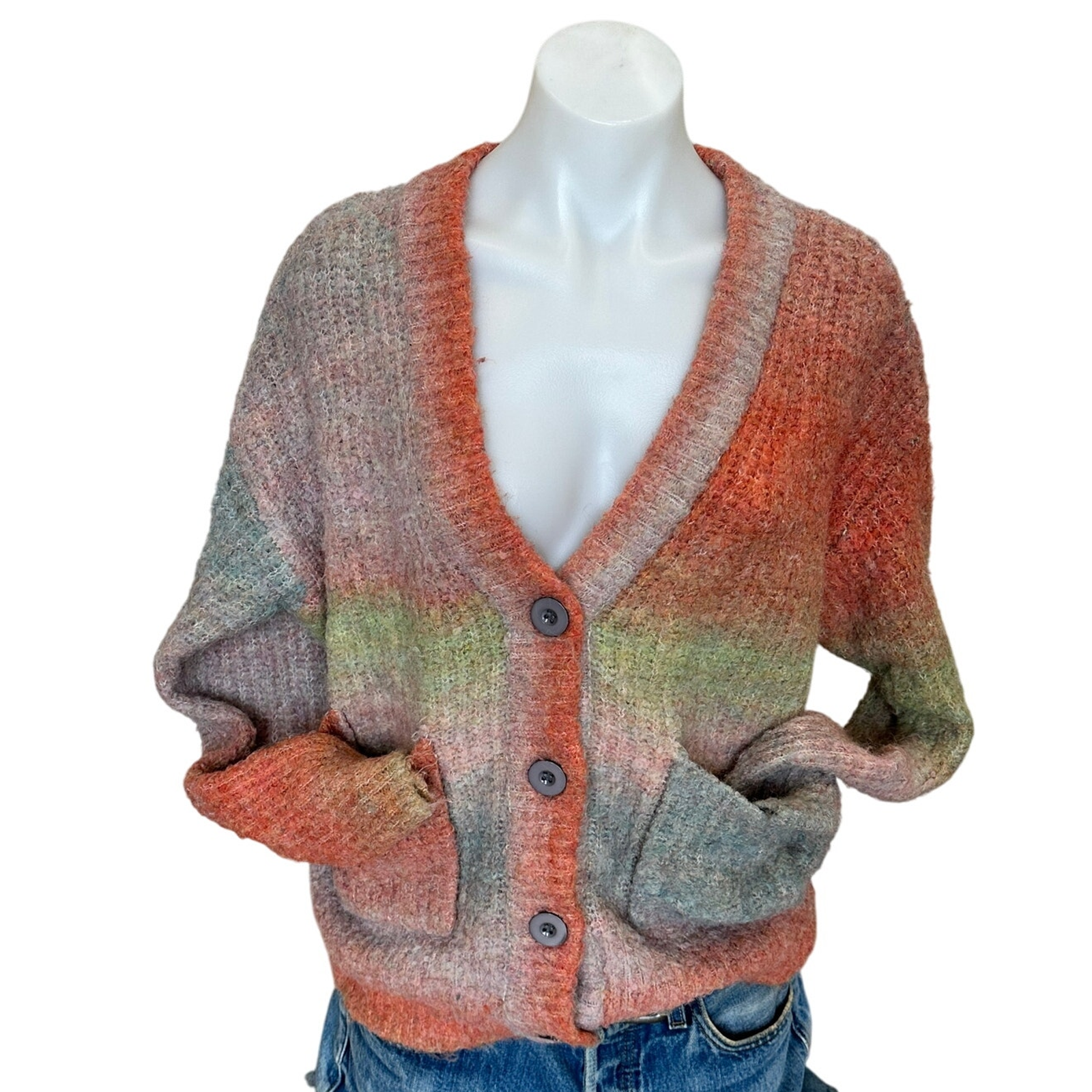 Blanknyc Orange Striped Cardigan Sweater Xs Oversized Fuzzy Grandpa V-Neck $88 — image 6 of 8